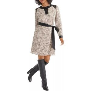 Cabi Printed Sheer Dress Size M Black Ivory Faux Leather Trim Belted Long Sleeve